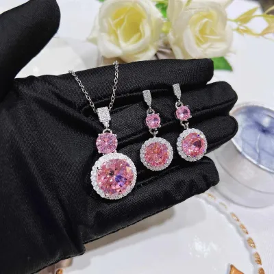 Sparkling Pink Stone Necklace Set 3 Pcs